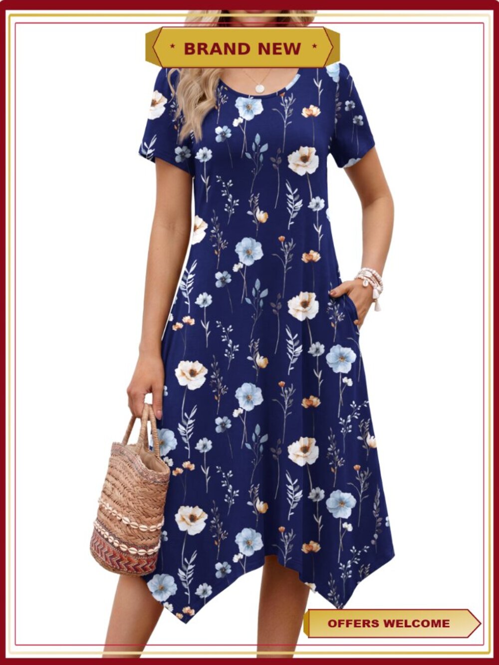 Short Sleeve Floral Asymmetrical Hem Summer Sundress with Pockets